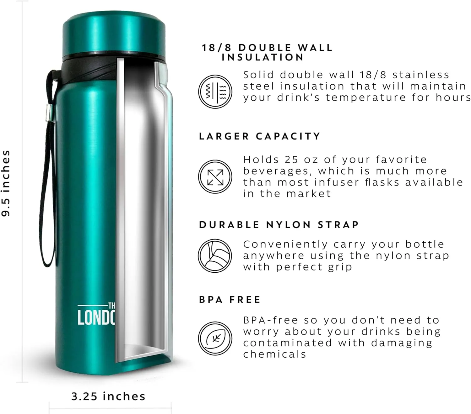 London Sip 25 oz Multi-Purpose Tea Infuser Mug – Fruit Infuser Water Bottle for Hot and Cold – Double Wall Stainless Steel Insulated, Celestial Blue