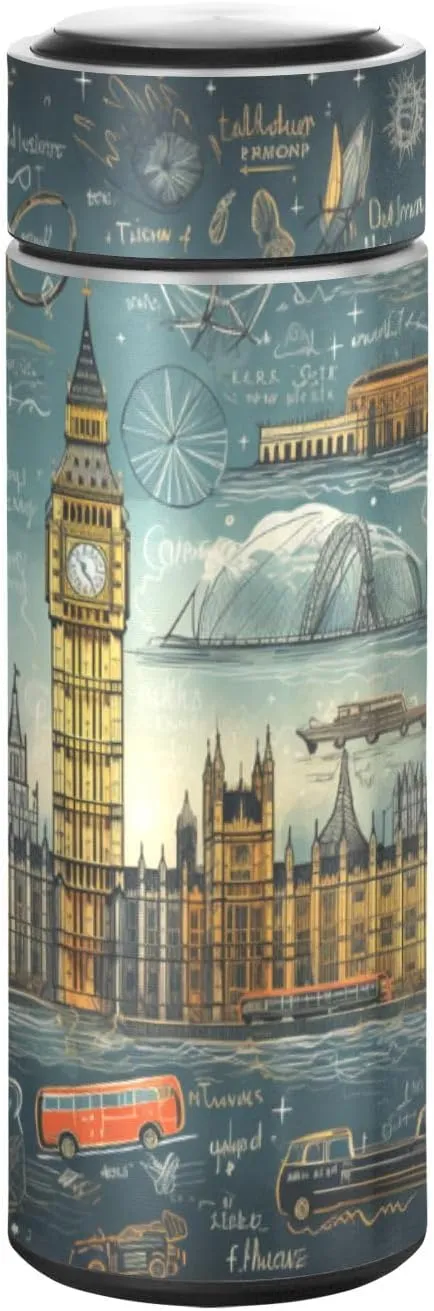 London Tower Art Water Bottle Stainless Steel Insulated Vacuum Flask Leak Proof Thermos for Boys Girls