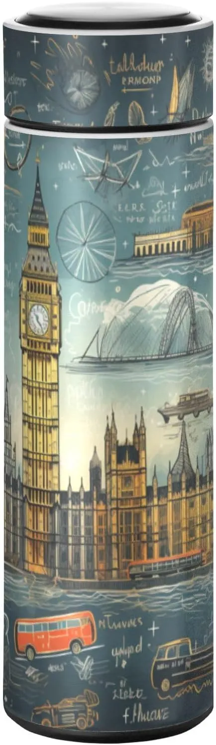 London Tower Art Water Bottle Stainless Steel Insulated Vacuum Flask Leak Proof Thermos for Boys Girls