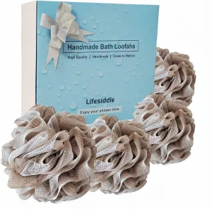 Loofah-Bath Sponge Set-Large, 4 Pack Bath Scrubbers, Soft Mesh Coffee Puff-Cleansing Body Scrub for Men and Women: Skin Soothing Exfoliation Tools (Light Brown-60g)