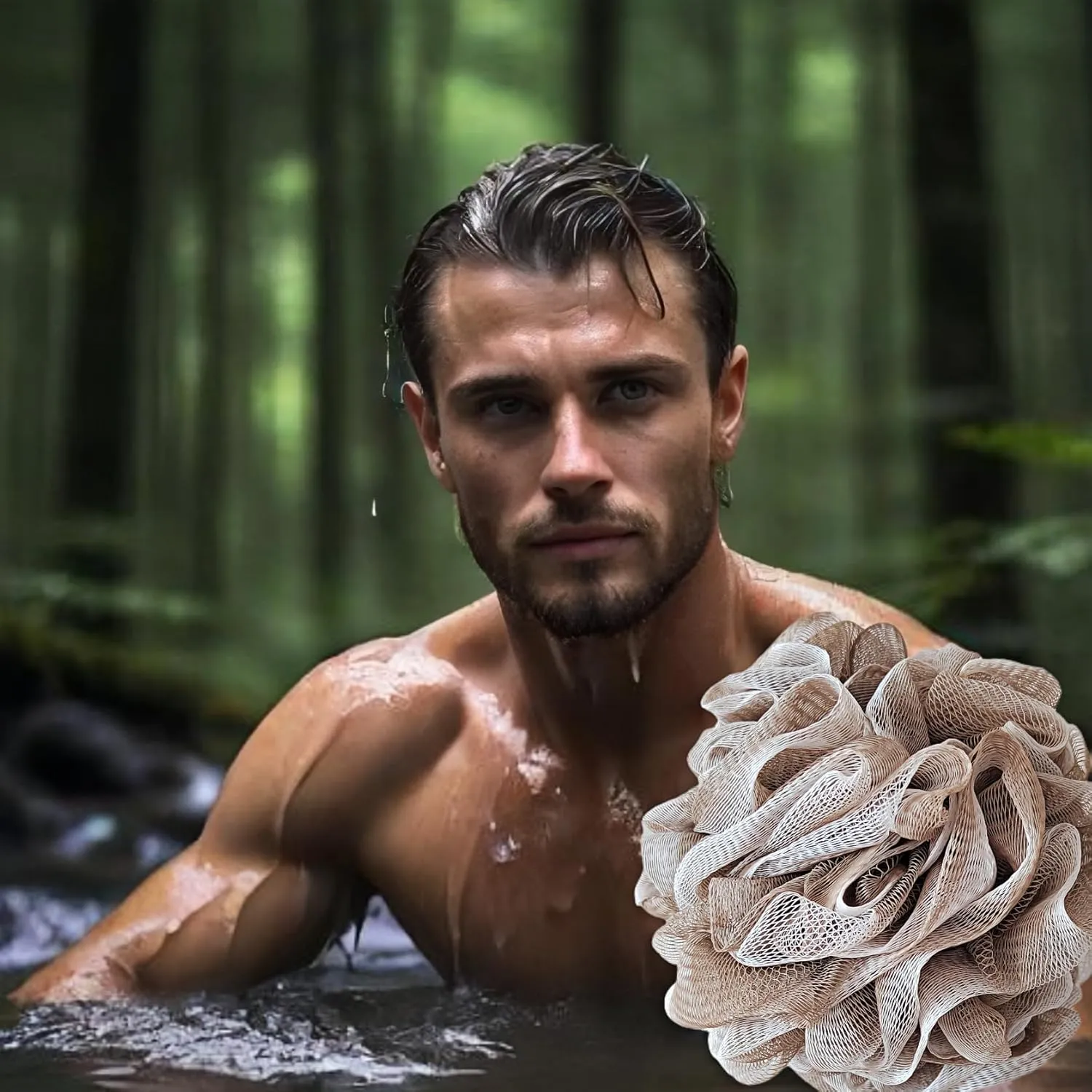 Loofah-Bath Sponge Set-Large, 4 Pack Bath Scrubbers, Soft Mesh Coffee Puff-Cleansing Body Scrub for Men and Women: Skin Soothing Exfoliation Tools (Light Brown-60g)