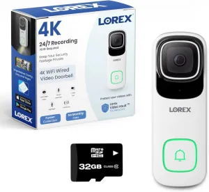 Lorex 4K Wired WiFi Smart Video Doorbell Camera w/No Subscription Fee - Smart Security Lighting, Night Vision, Motion Detection, Requires Existing Wiring (White)