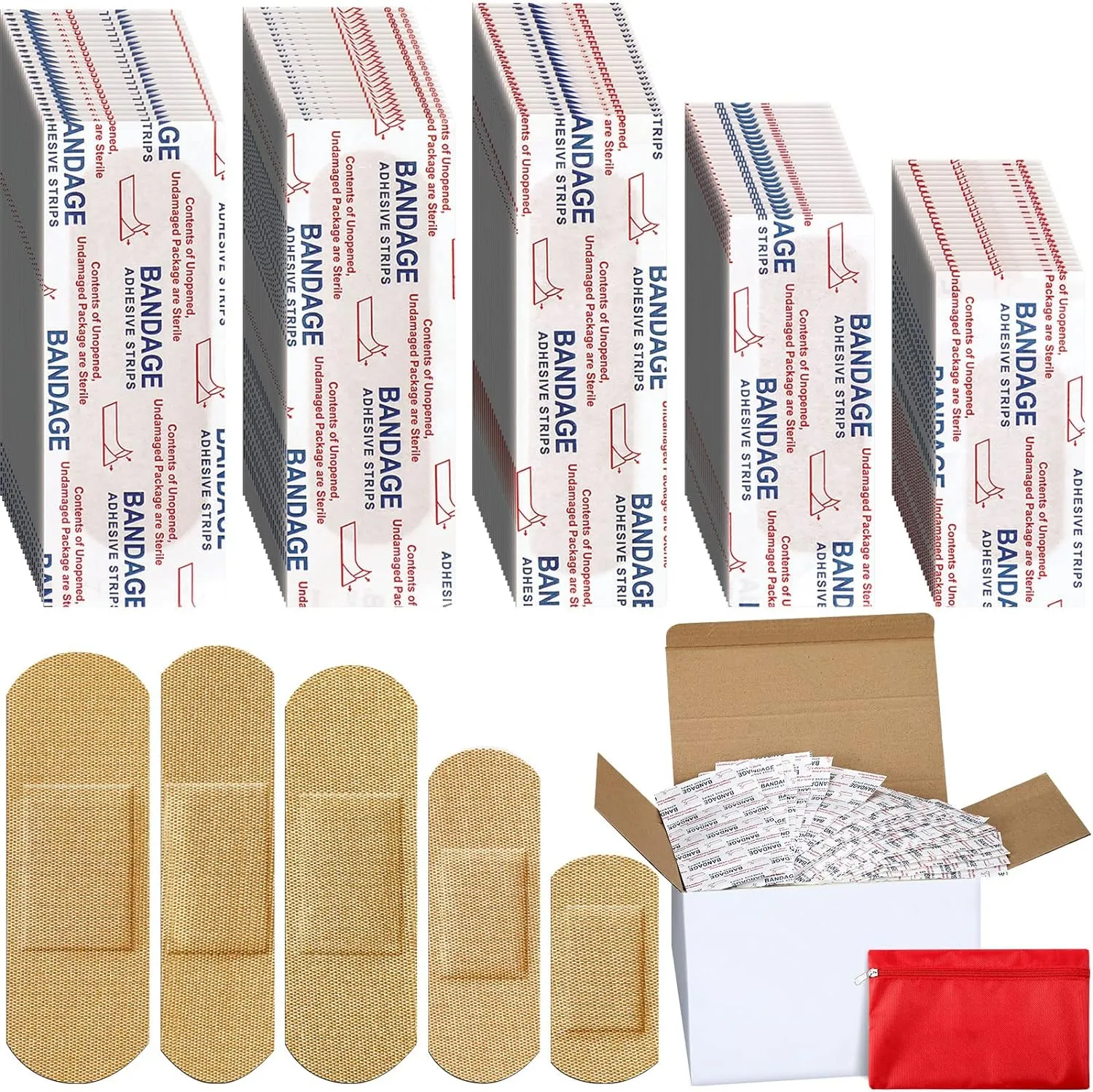 Lounsweer 2000 Pcs Fabric Adhesive Bandages Variety Pack Bulk Assorted Sizes Flexible Breathable Patch Fabric Bandages for Family First Aid Skin Wrap Finger Wound, Natural