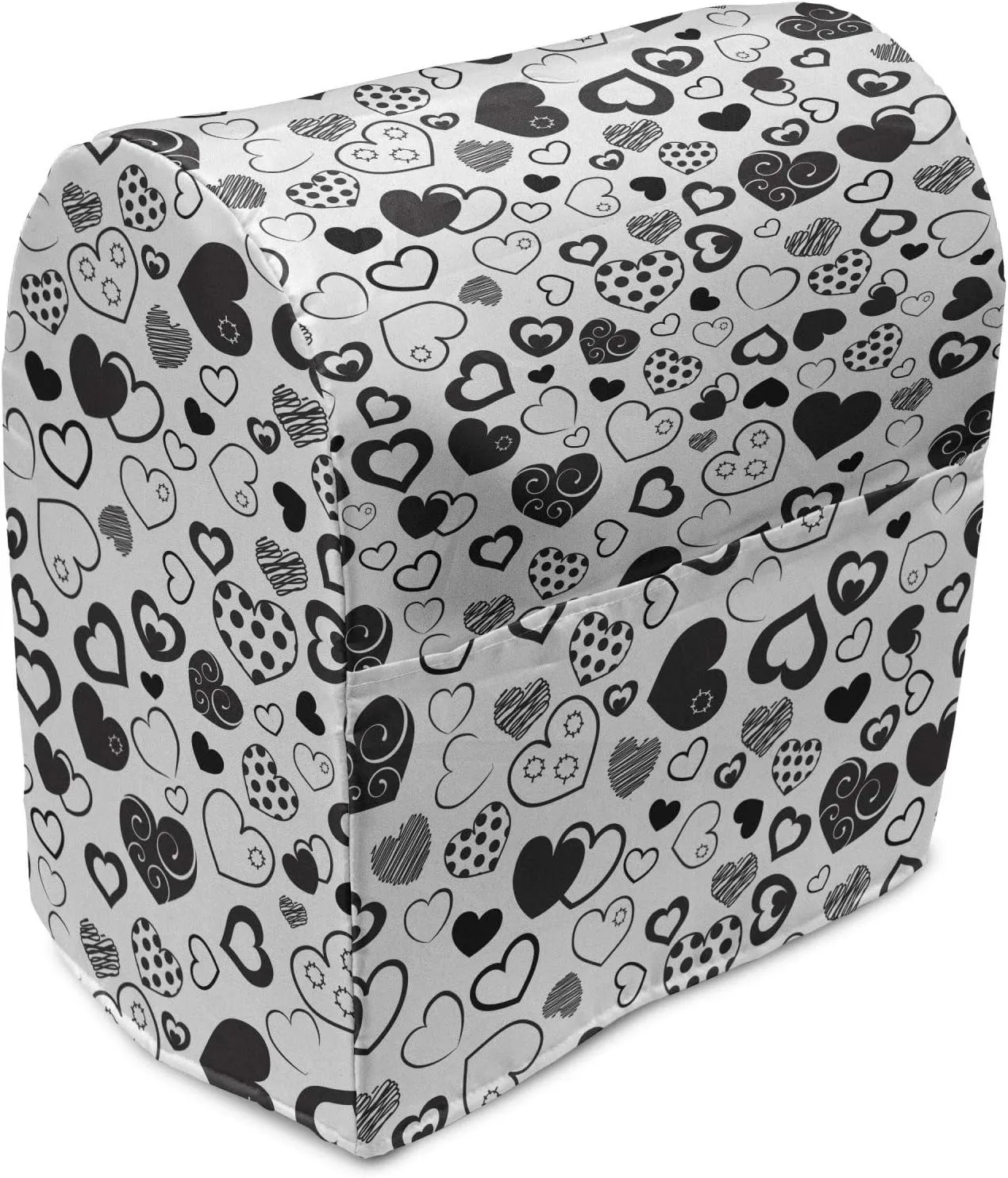Lunarable Hearts Stand Mixer Cover, Monochrome Love Theme with Various Art Styles Swirls Polka Dots Lines Scars, Kitchen Appliance Organizer Bag Cover with a Pocket, 6-8 Quarts, Black White