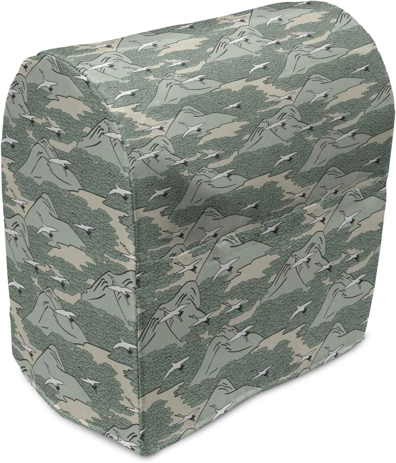 Lunarable Japanese Stand Mixer Cover, Traditional Art Flying Crane Birds Mountain Plateau Forest Migration, Kitchen Appliance Organizer Bag Cover with a Pocket, 6-8 Quarts, Reseda Green Beige