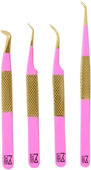 M LASH Tweezers for Eyelash Extensions (Set of 4) - Professional Lash Extension Tweezers - Fiber Tip, Japanese Steel, Diamond Grip Eyelash Extension Tweezer (PMG-SET)