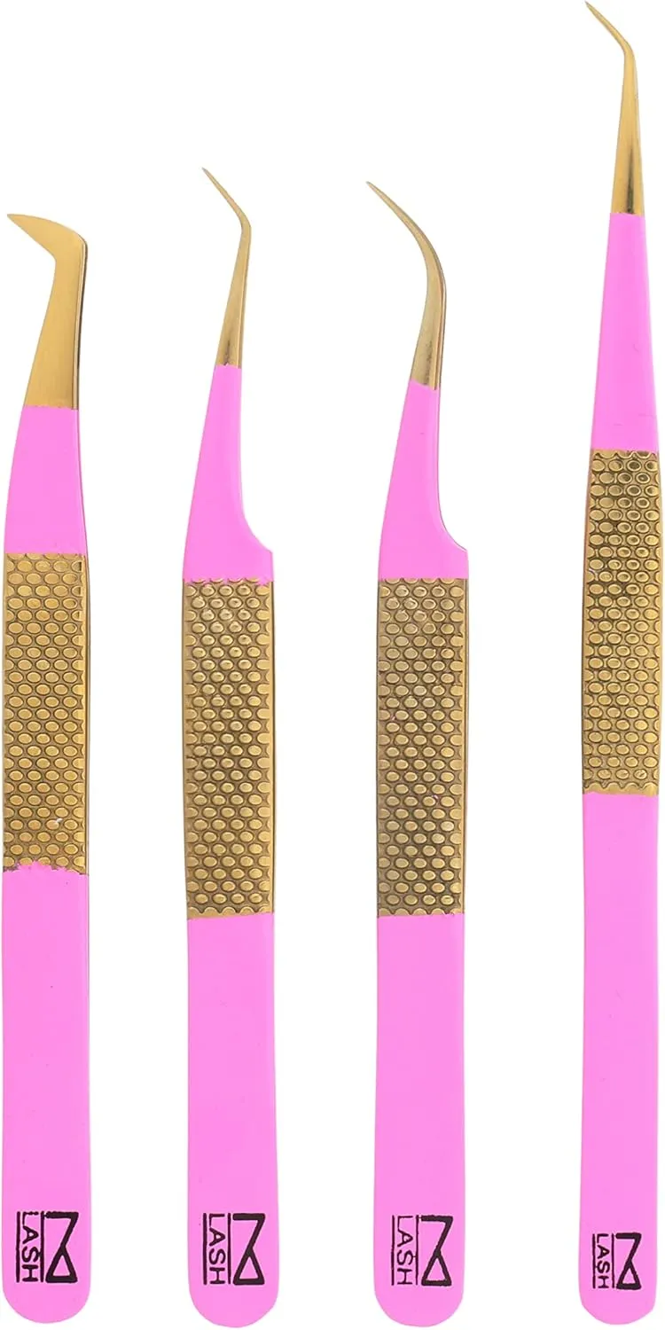 M LASH Tweezers for Eyelash Extensions (Set of 4) - Professional Lash Extension Tweezers - Fiber Tip, Japanese Steel, Diamond Grip Eyelash Extension Tweezer (PMG-SET)