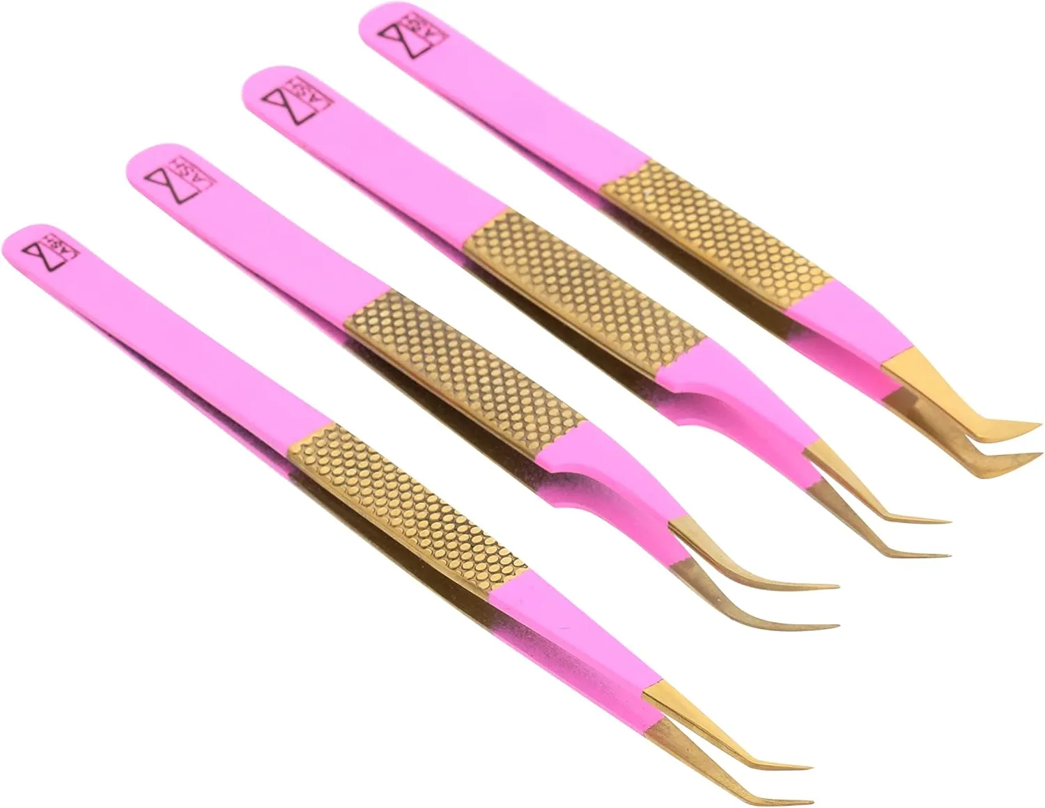M LASH Tweezers for Eyelash Extensions (Set of 4) - Professional Lash Extension Tweezers - Fiber Tip, Japanese Steel, Diamond Grip Eyelash Extension Tweezer (PMG-SET)