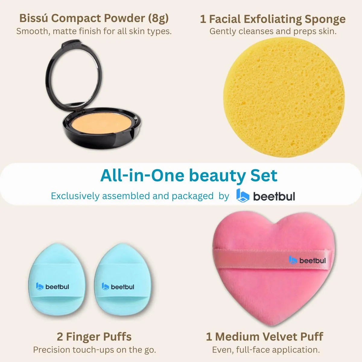 Makeup & Exfoliation Kit - Bissú Compact Powder   1 Medium Velvet Puff   2 Finger Puffs   1 Facial Exfoliating Sponge (03 Nude, One Size)
