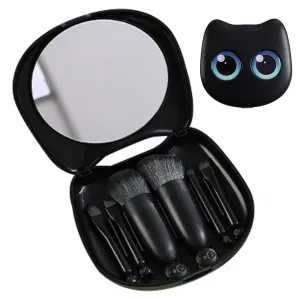 Makeup Tool Set, 6 Pieces Makeup Pen Kit, Cosmetic Necessities with Mirror, Cute Cat Shape Storage Box, Ideal for Travel, Business Trip, Outdoor Commuting, Daily Use, Black Colored