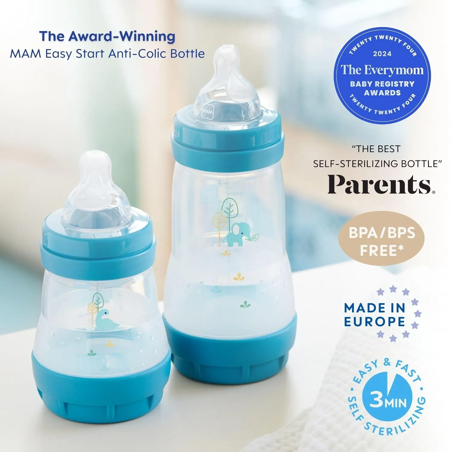 MAM Newborn Essentials Matte Feeding Set with Easy Start Anti-Colic Bottles 5oz, Self-Sterilizing, 0-3 Months Pacifiers and Skinsoft Silicone Nipples, Baby Gift, 10 Pieces