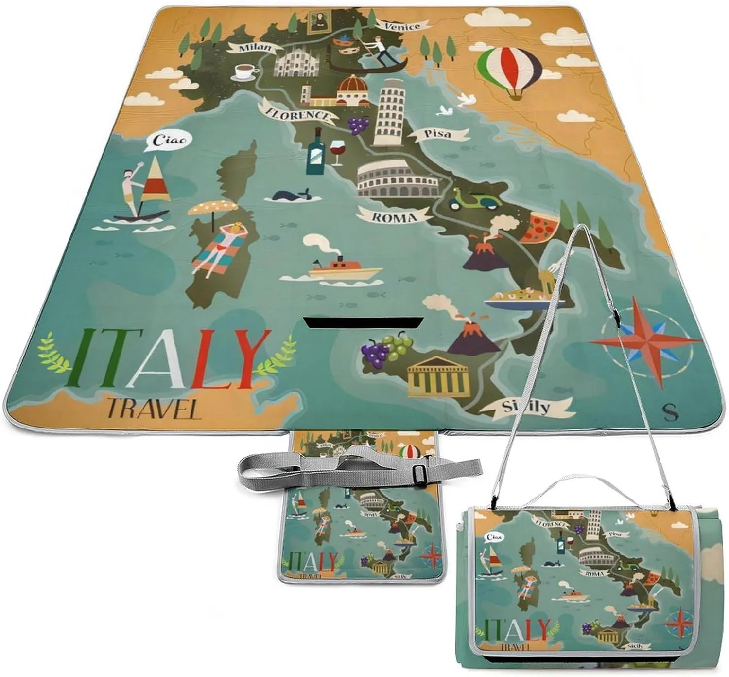 Map of Italy Attraction Symbols Compass Landmarks Sign Waterproof Outdoor Picnic Blanket Sandproof Beach Mat for Camping Hiking Grass Travelling
