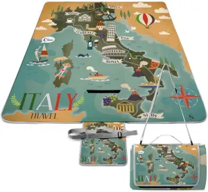 Map of Italy Attraction Symbols Compass Landmarks Sign Waterproof Outdoor Picnic Blanket Sandproof Beach Mat for Camping Hiking Grass Travelling