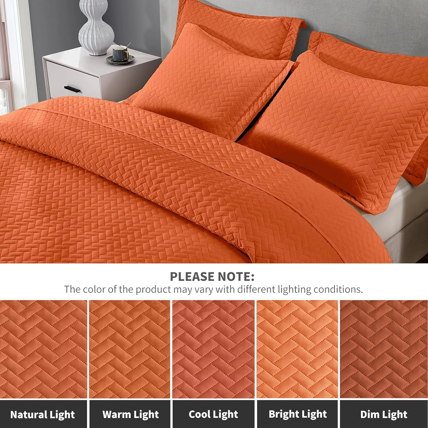 Maple&Stone Quilt Set Queen Size, Burnt Orange Lightweight Bedspread Ultrasonic Chevron Pattern Light Coverlet for All Season Comforter Bedding Decor - 3 Piece Queen Bed Cover Sets