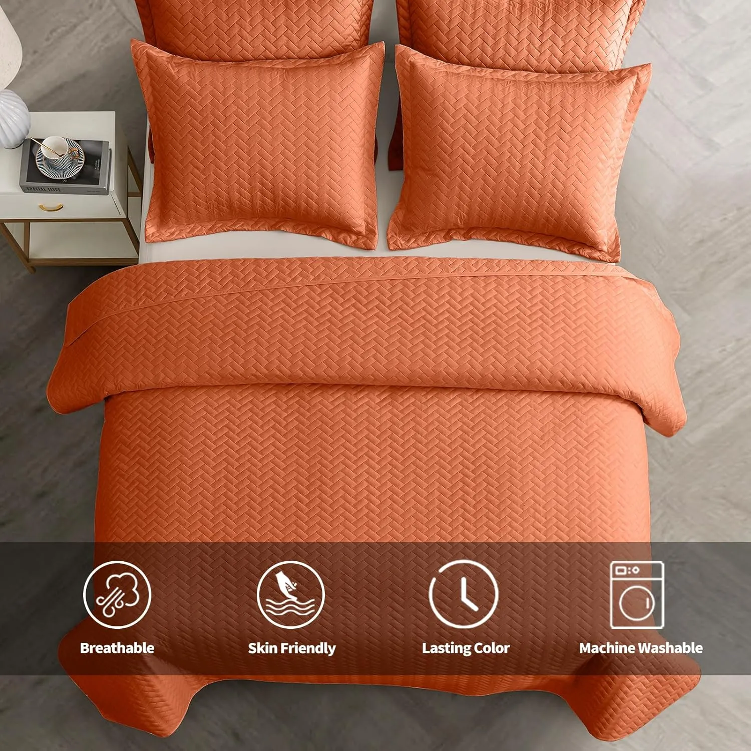Maple&Stone Quilt Set Queen Size, Burnt Orange Lightweight Bedspread Ultrasonic Chevron Pattern Light Coverlet for All Season Comforter Bedding Decor - 3 Piece Queen Bed Cover Sets