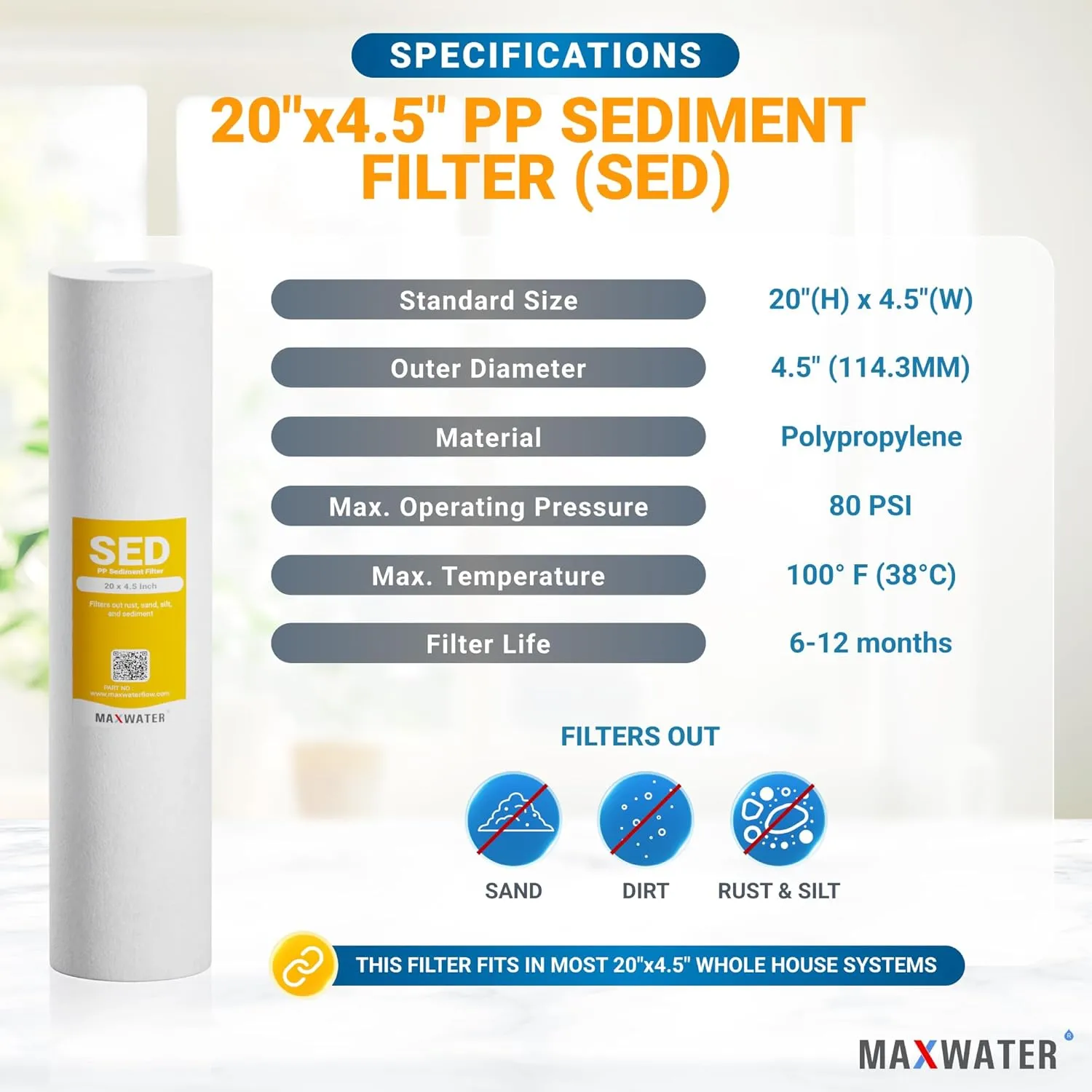 Max Water 10 Micron 20 x 4.5 Sediment Filter 20 inch Whole House BB Water Filteration System Replacement Compatible Cartridge DGD-5005-20, FP25B, AP810-6, FPMB5-20, P5-20, 155358-43, SDC-45-2005