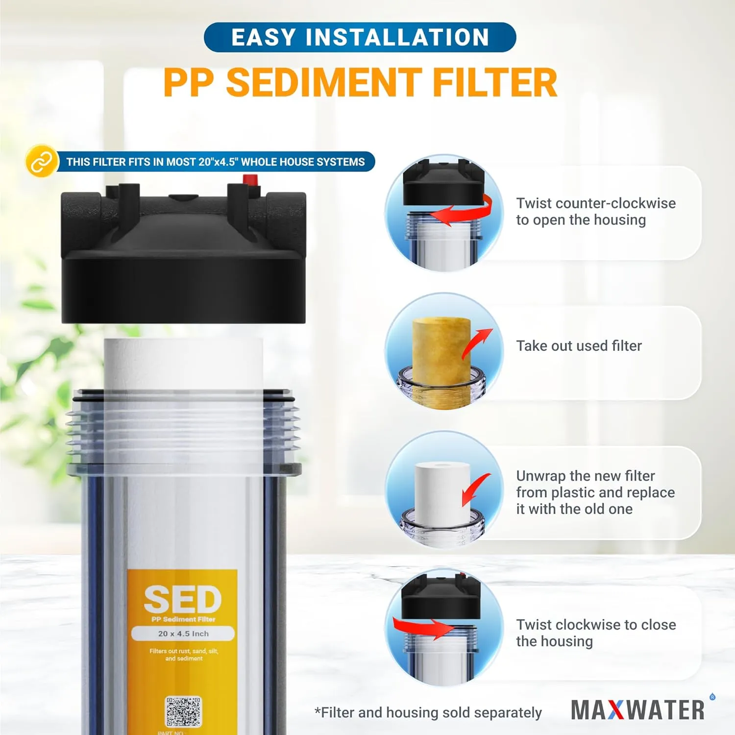 Max Water 10 Micron 20 x 4.5 Sediment Filter 20 inch Whole House BB Water Filteration System Replacement Compatible Cartridge DGD-5005-20, FP25B, AP810-6, FPMB5-20, P5-20, 155358-43, SDC-45-2005