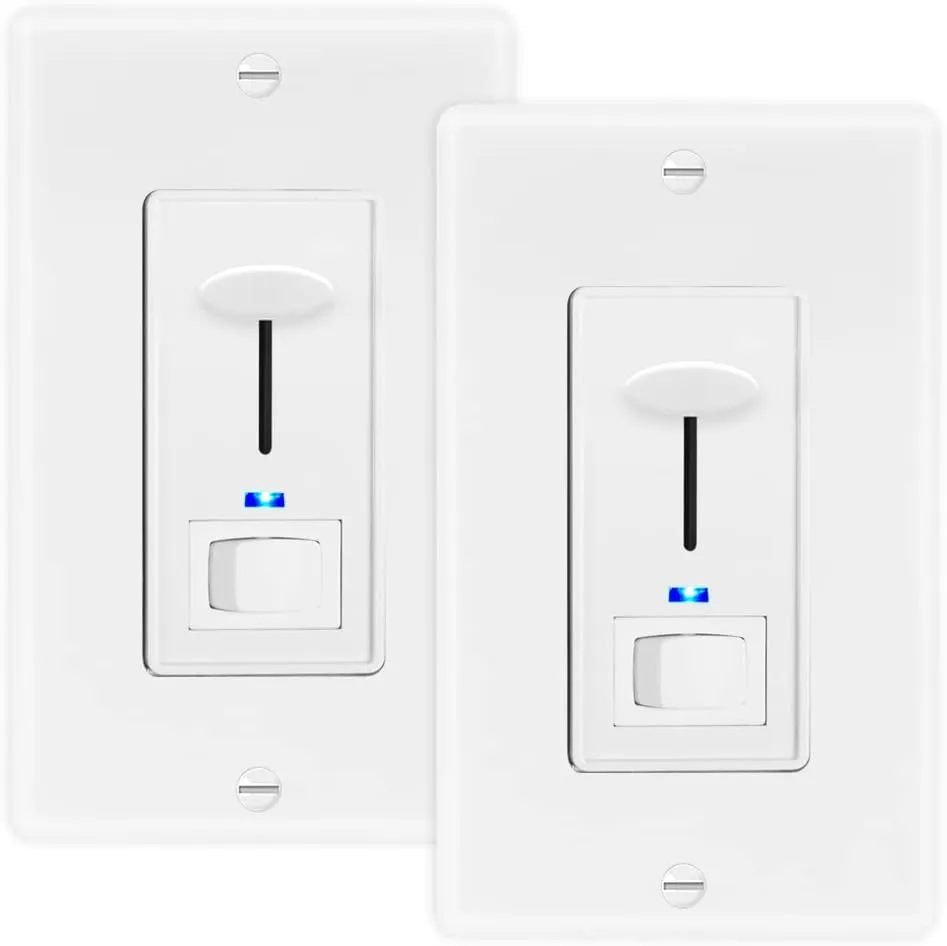 Maxxima Dimmer Electrical Light Switch - Featuring Blue Indicator Light, LED Compatible, 3-Way/Single Pole Use, 600 Watt Max, Dimmable Lamp and Lighting Control, Wall Plate Included - 2 Pack