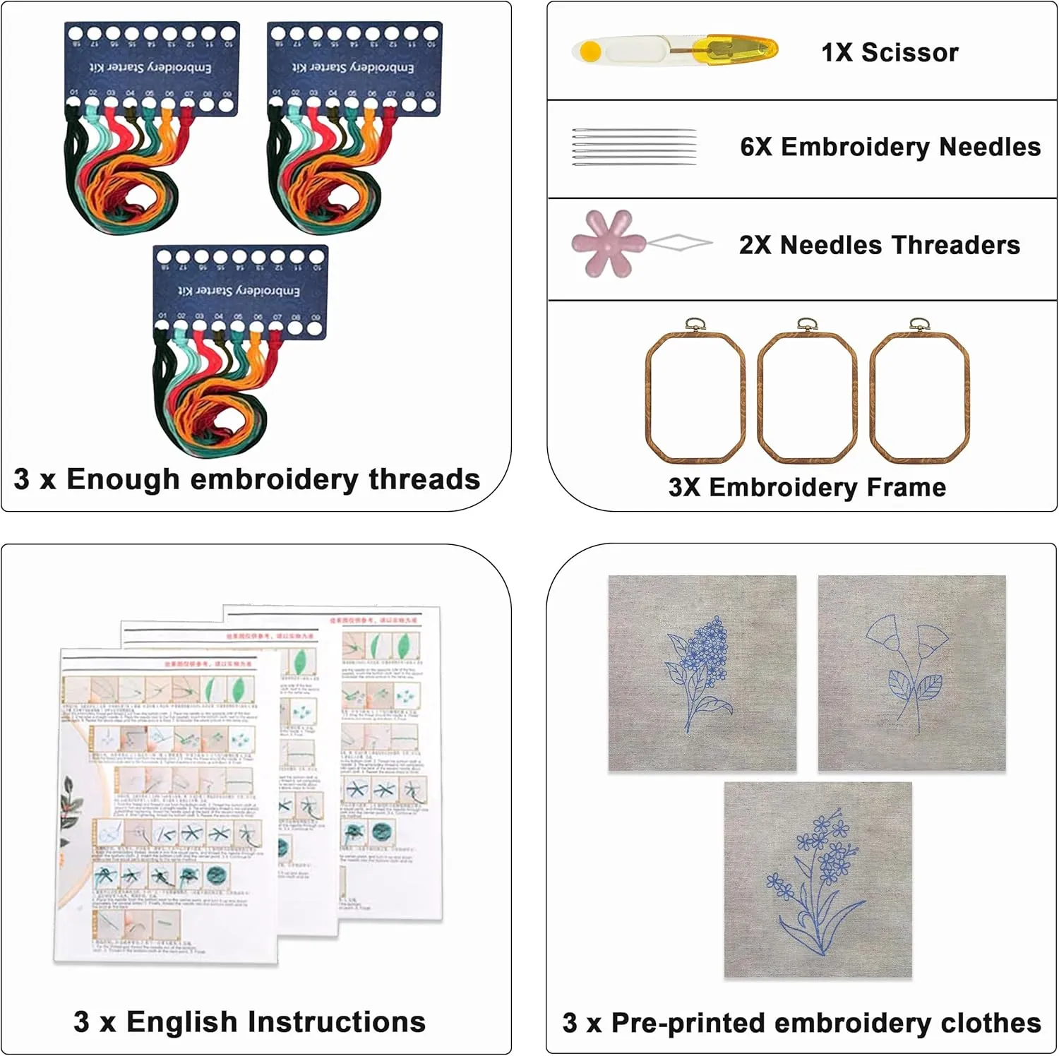Maydear 3 Sets Embroidery kit for Beginners Adults,Embroidery Kit Punch Needle Kit Cross Stitch Kits with Embroidery Hoop and Instructions,Hand Embroidery Starter Kit (A Cross Stitch Set)