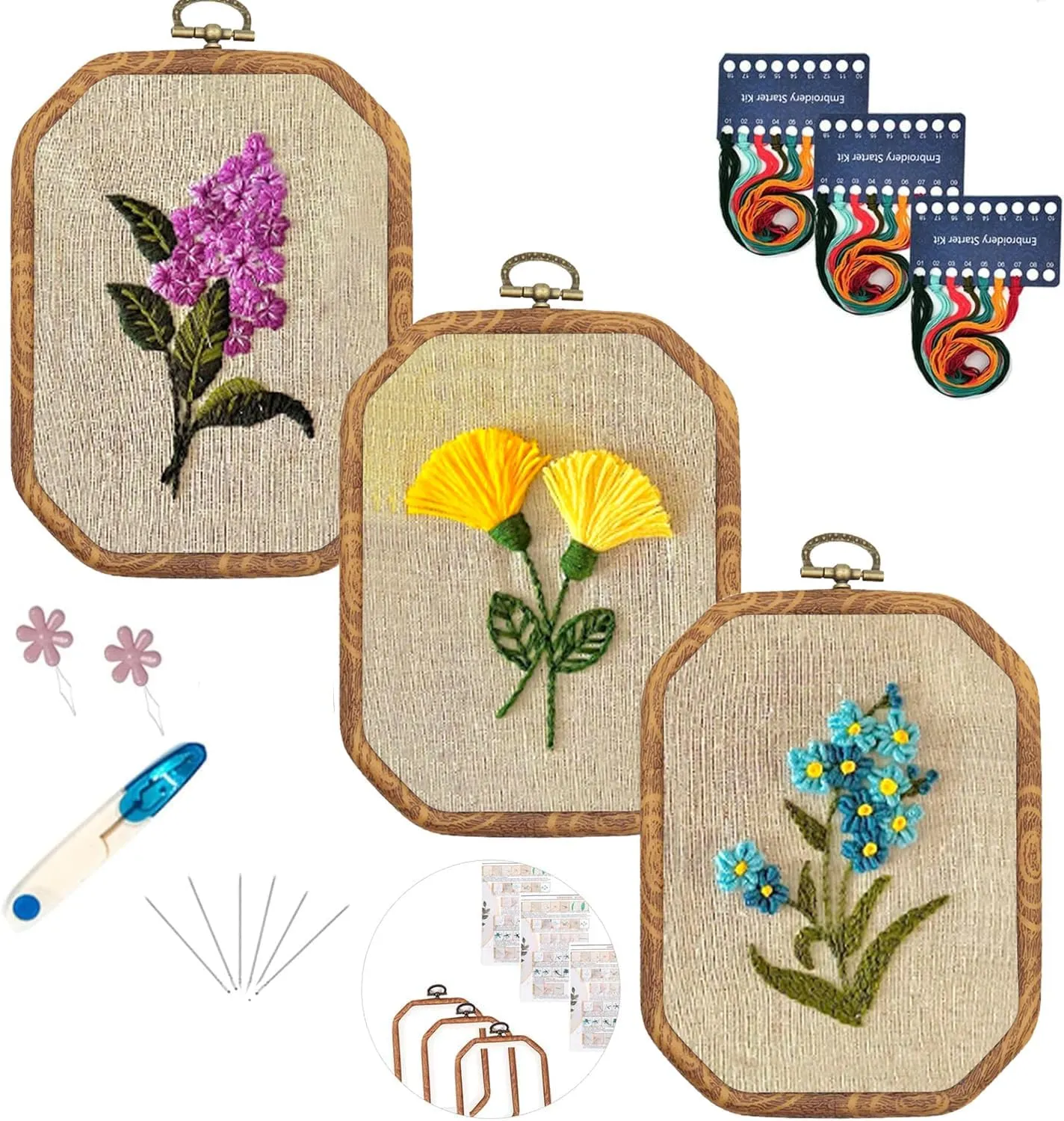 Maydear 3 Sets Embroidery kit for Beginners Adults,Embroidery Kit Punch Needle Kit Cross Stitch Kits with Embroidery Hoop and Instructions,Hand Embroidery Starter Kit (A Cross Stitch Set)