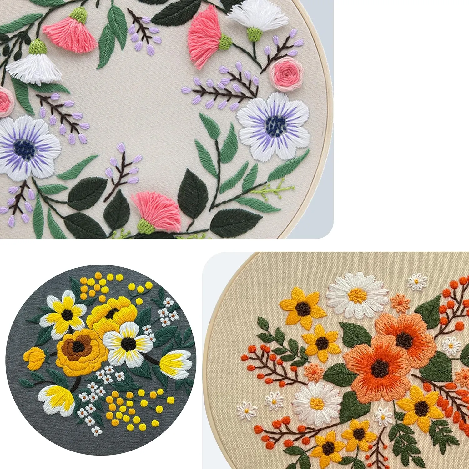 Maydear 3 Sets Embroidery kit for Beginners Adults,Embroidery Kit Punch Needle Kit Cross Stitch Kits with Embroidery Hoop and Instructions,Hand Embroidery Starter Kit (Small Flowers)