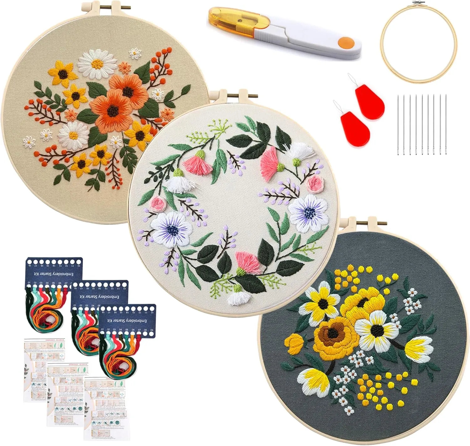 Maydear 3 Sets Embroidery kit for Beginners Adults,Embroidery Kit Punch Needle Kit Cross Stitch Kits with Embroidery Hoop and Instructions,Hand Embroidery Starter Kit (Small Flowers)
