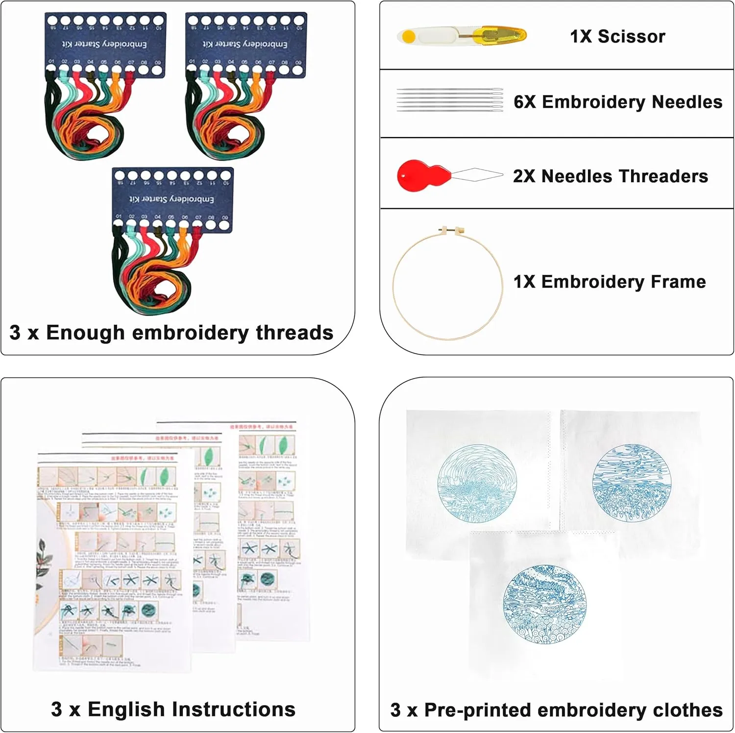 Maydear 3 Sets Embroidery kit for Beginners Adults,Embroidery Kit Punch Needle Kit Cross Stitch Kits with Embroidery Hoop and Instructions,Hand Embroidery Starter Kit (Small Flowers)