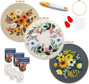 Maydear 3 Sets Embroidery kit for Beginners Adults,Embroidery Kit Punch Needle Kit Cross Stitch Kits with Embroidery Hoop and Instructions,Hand Embroidery Starter Kit (Small Flowers)