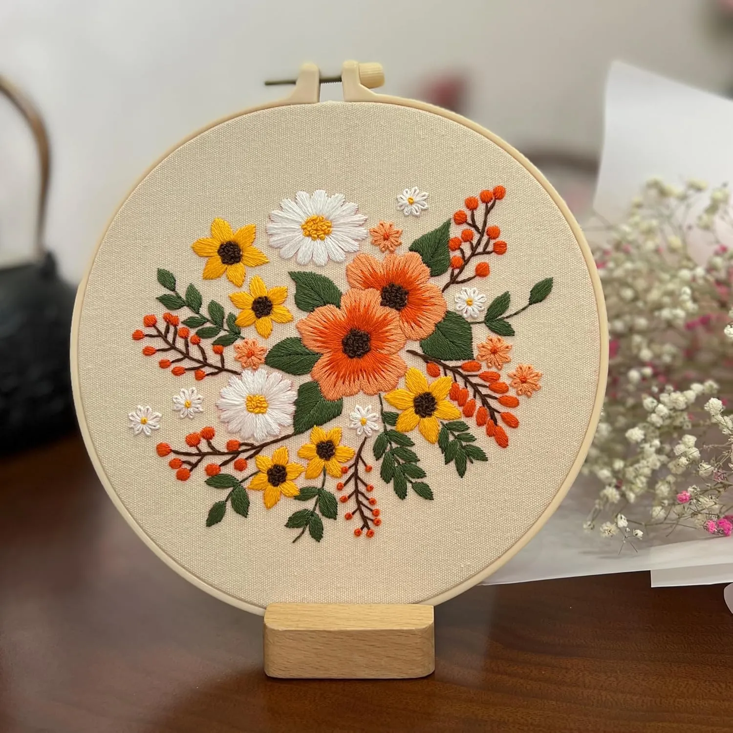 Maydear 3 Sets Embroidery kit for Beginners Adults,Embroidery Kit Punch Needle Kit Cross Stitch Kits with Embroidery Hoop and Instructions,Hand Embroidery Starter Kit (Small Flowers)
