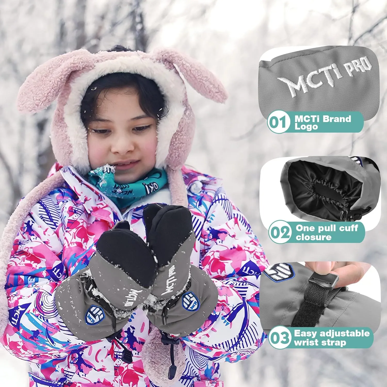MCTi Kids Mittens Waterproof Winter Ski Warm Sherpa Fleece Lined Removable Insert