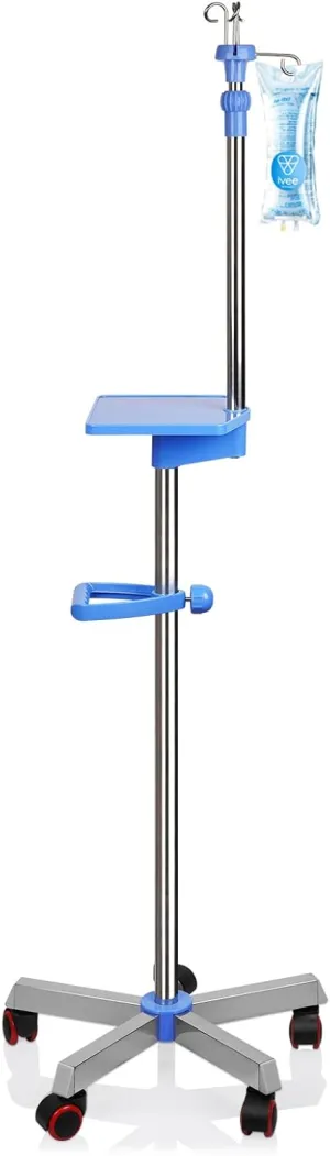 Medical IV Pole with Wheels - Stainless Steel Adjustable 57" to 79" Height IV Stand with Tray and 4 Hooks for Hospital, Home Infusion Practice and Therapy