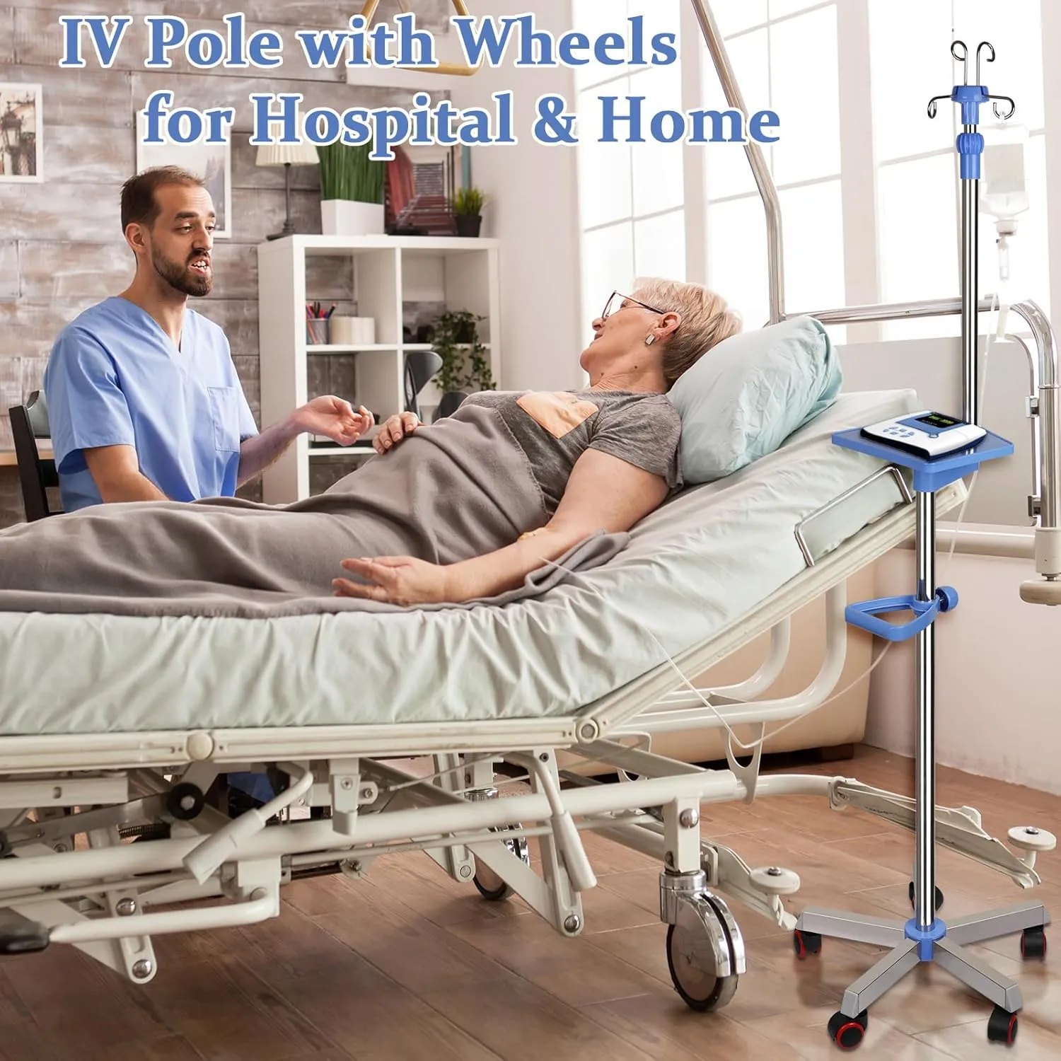 Medical IV Pole with Wheels - Stainless Steel Adjustable 57" to 79" Height IV Stand with Tray and 4 Hooks for Hospital, Home Infusion Practice and Therapy