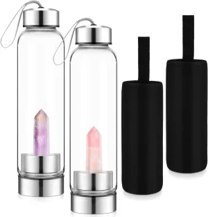 meekoo 2 Pieces Crystal Glass Water Bottle with Gemstone Center Natural Amethyst and Rose Quartz Clear Water Bottle Quartz Crystal Cup Energy Cup for Healing and Wellness