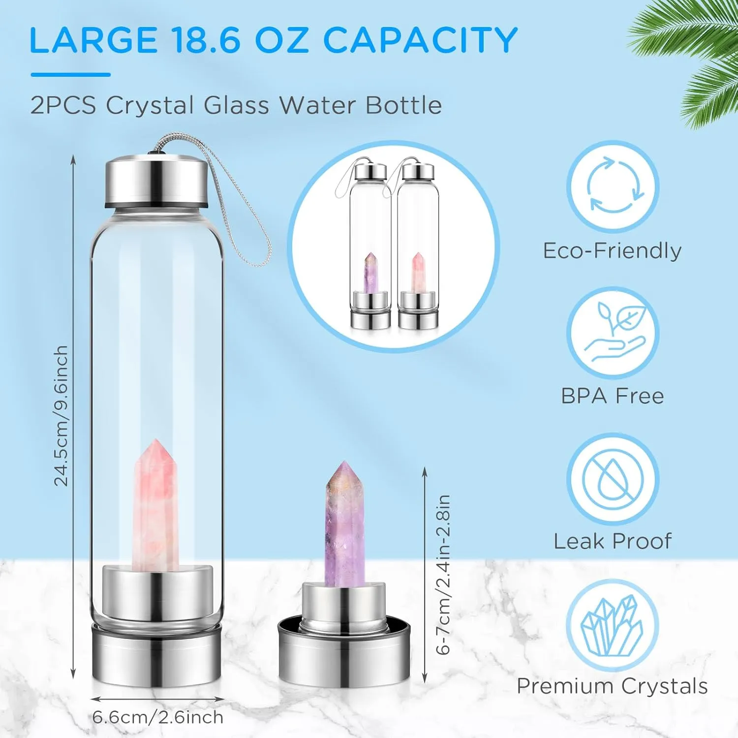 meekoo 2 Pieces Crystal Glass Water Bottle with Gemstone Center Natural Amethyst and Rose Quartz Clear Water Bottle Quartz Crystal Cup Energy Cup for Healing and Wellness