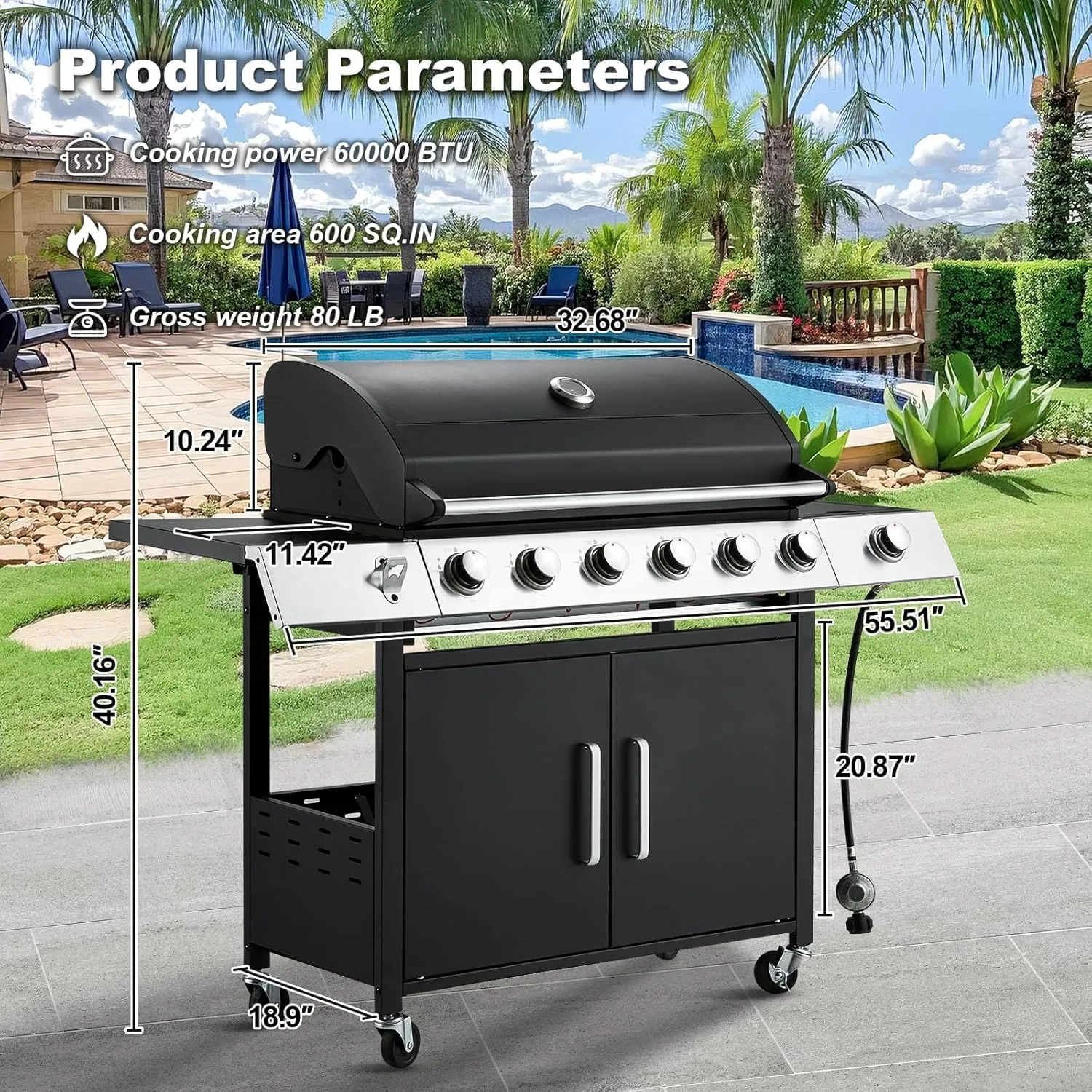 MELLCOM Upgraded 6 Burner BBQ Propane Gas Grill with Side Stove & Cast Iron Grates, 60,000 BTU Stainless Steel Burner Barbecue Grill for Patio,Camping, Outdoor Cooking