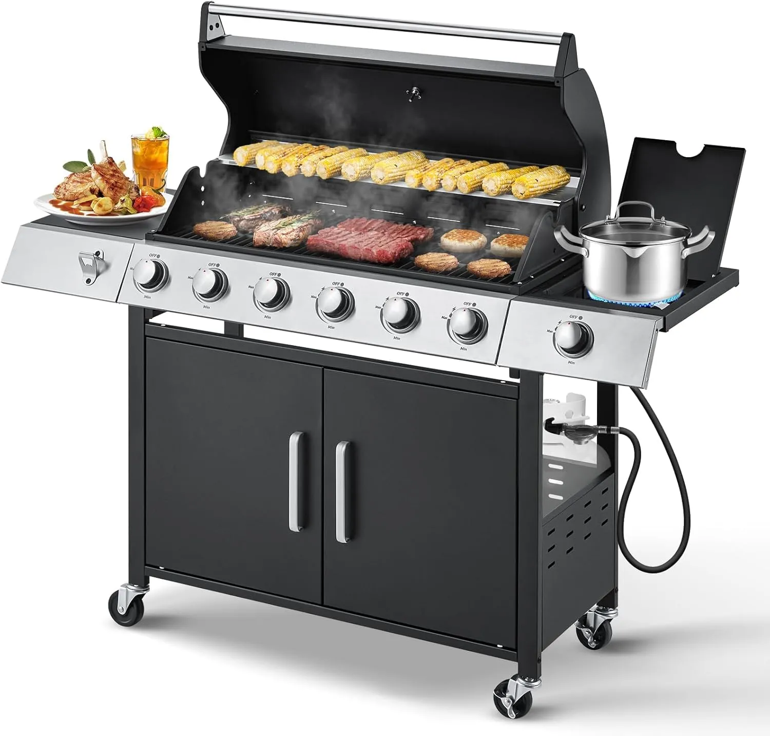 MELLCOM Upgraded 6 Burner BBQ Propane Gas Grill with Side Stove & Cast Iron Grates, 60,000 BTU Stainless Steel Burner Barbecue Grill for Patio,Camping, Outdoor Cooking