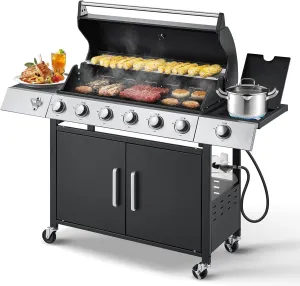 MELLCOM Upgraded 6 Burner BBQ Propane Gas Grill with Side Stove & Cast Iron Grates, 60,000 BTU Stainless Steel Burner Barbecue Grill for Patio,Camping, Outdoor Cooking