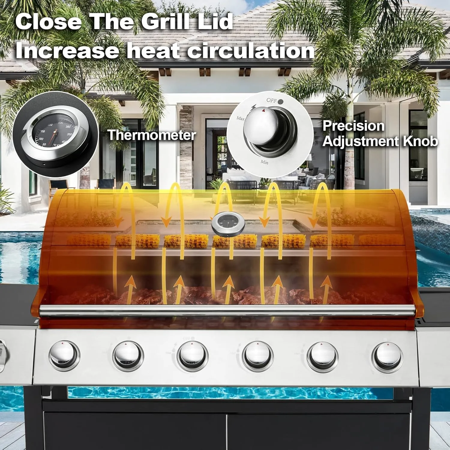 MELLCOM Upgraded 6 Burner BBQ Propane Gas Grill with Side Stove & Cast Iron Grates, 60,000 BTU Stainless Steel Burner Barbecue Grill for Patio,Camping, Outdoor Cooking