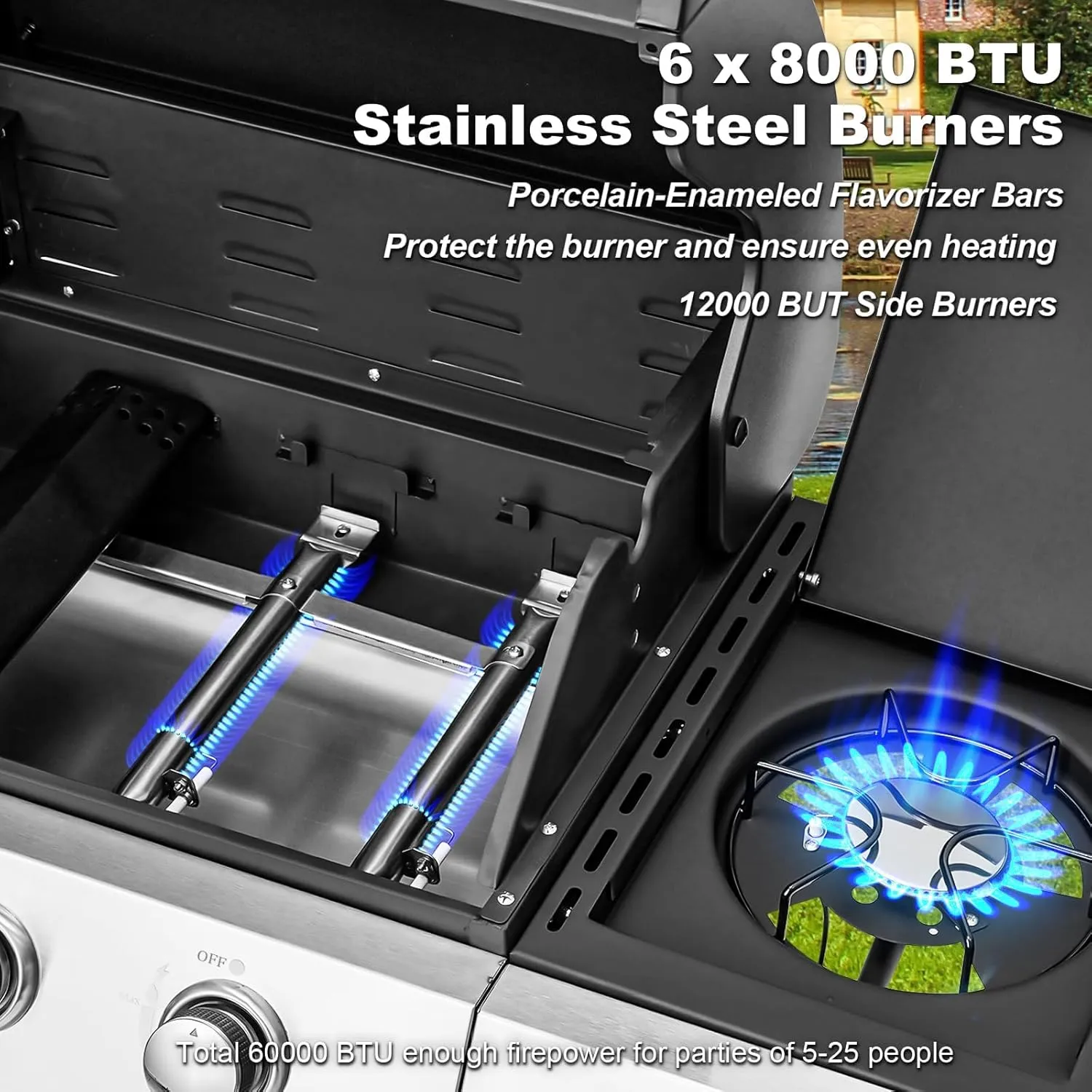 MELLCOM Upgraded 6 Burner BBQ Propane Gas Grill with Side Stove & Cast Iron Grates, 60,000 BTU Stainless Steel Burner Barbecue Grill for Patio,Camping, Outdoor Cooking