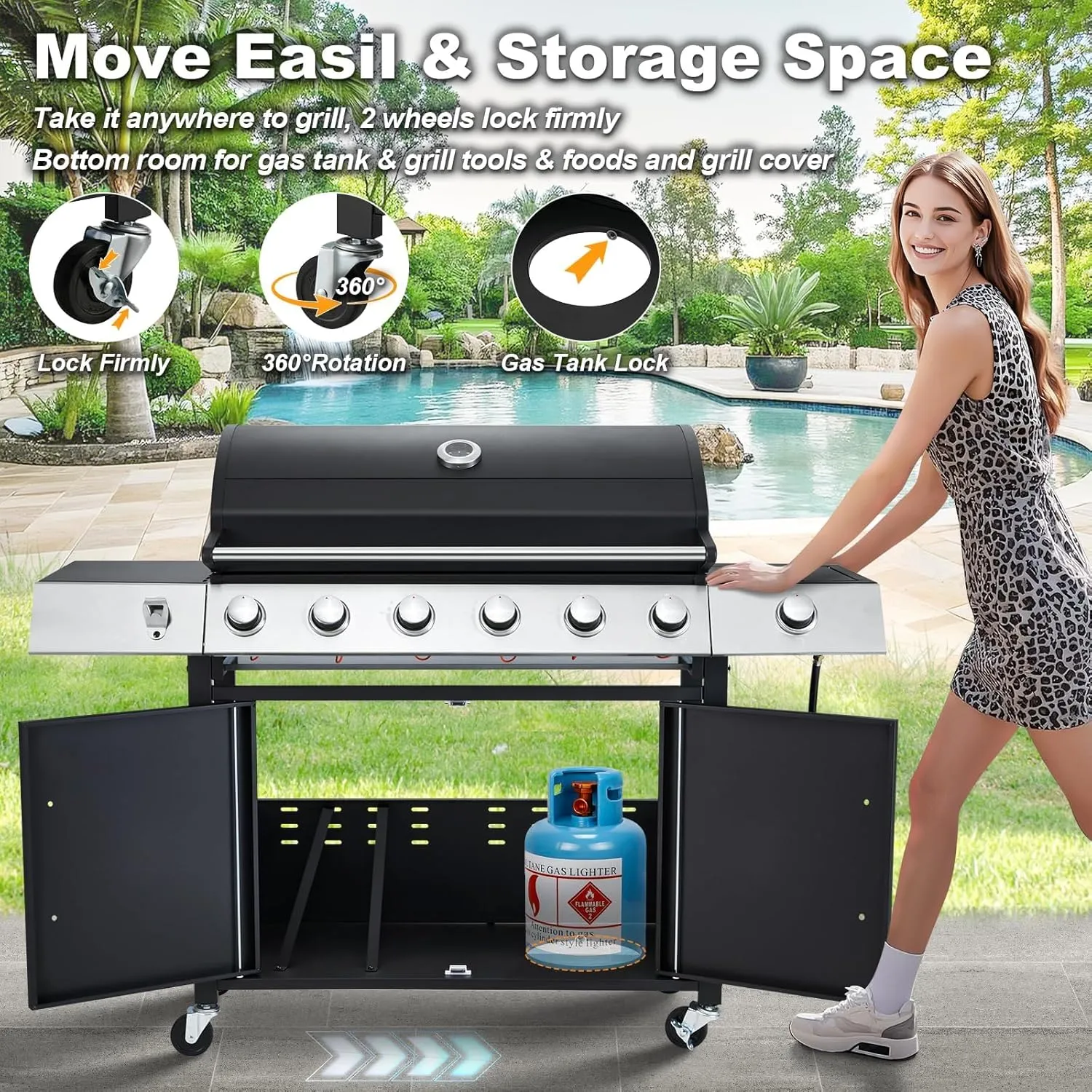 MELLCOM Upgraded 6 Burner BBQ Propane Gas Grill with Side Stove & Cast Iron Grates, 60,000 BTU Stainless Steel Burner Barbecue Grill for Patio,Camping, Outdoor Cooking