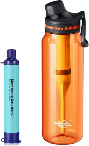 Membrane Solutions 36oz C3 ACFX2 Filtered Water Bottle with 1 Packs Outdoor Water Filter Straw