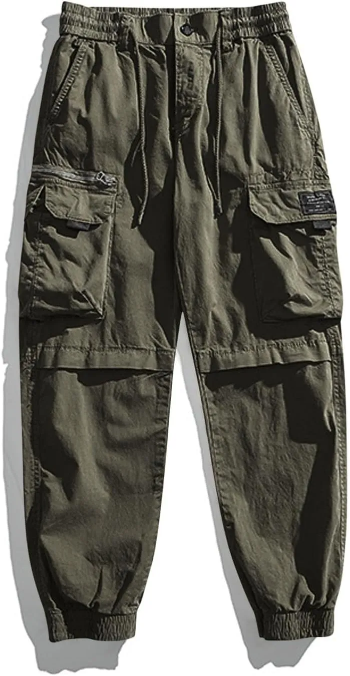 Mens Cargo Pants Drawstring Elastic Waist Work Joggers for Men Outdoor Camping Travel Trousers with Pocket