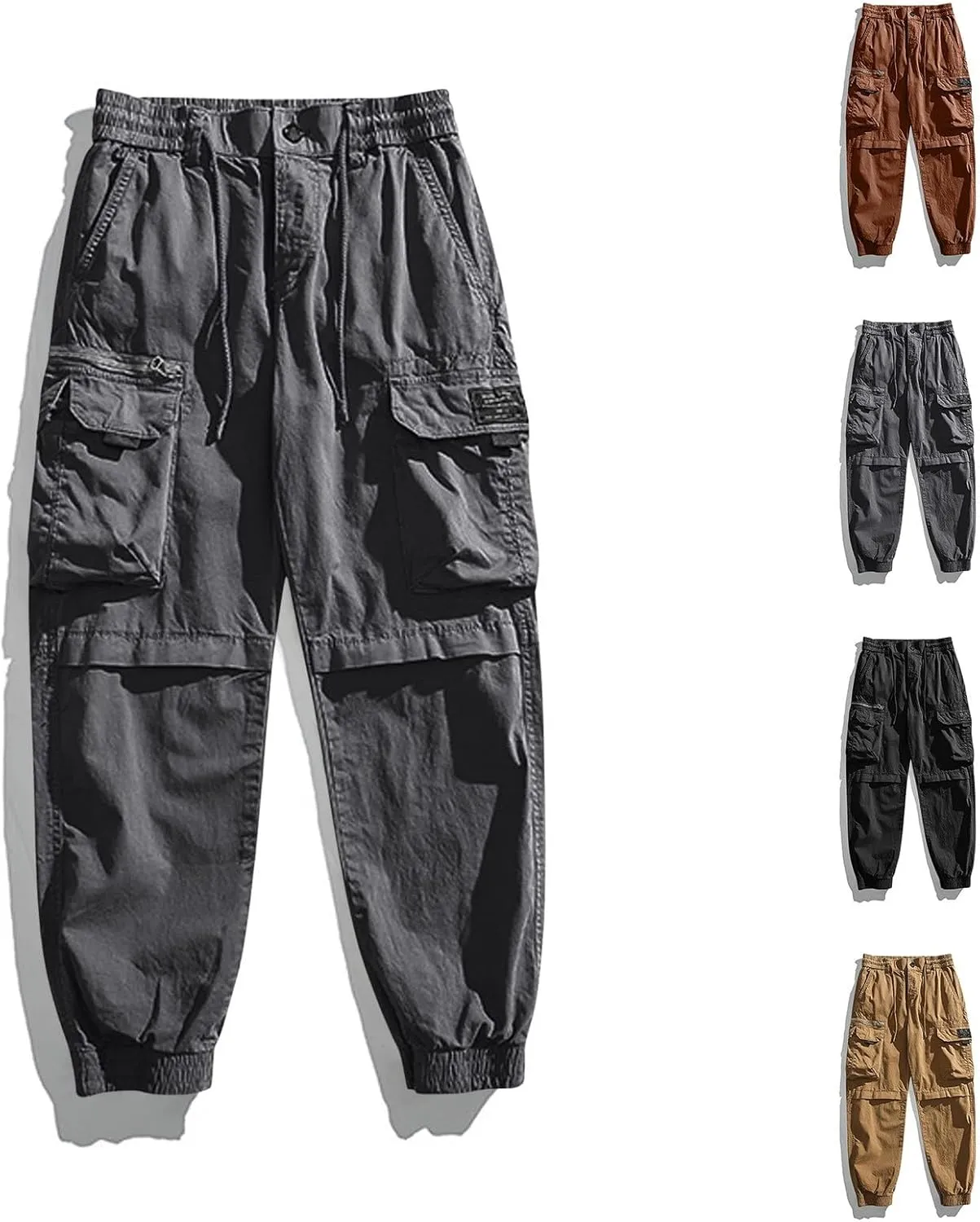 Mens Cargo Pants Drawstring Elastic Waist Work Joggers for Men Outdoor Camping Travel Trousers with Pocket