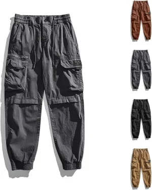 Mens Cargo Pants Drawstring Elastic Waist Work Joggers for Men Outdoor Camping Travel Trousers with Pocket