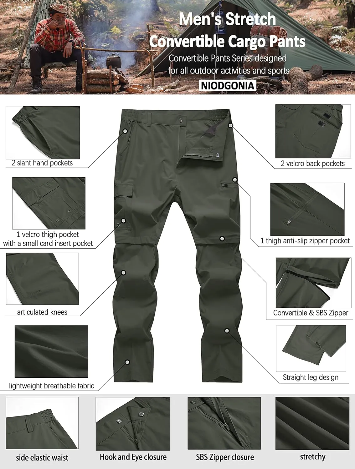 Mens Hiking Convertible Pants Waterproof Lightweight Quick Dry Zip Off Fishing Outdoor Cargo Work Trekking Trousers