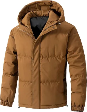 Mens Hooded Warm Quilted Jacket Winter Coat Insulated Puffer Jacket Water-Repellent Windproof Parkas Outerwear