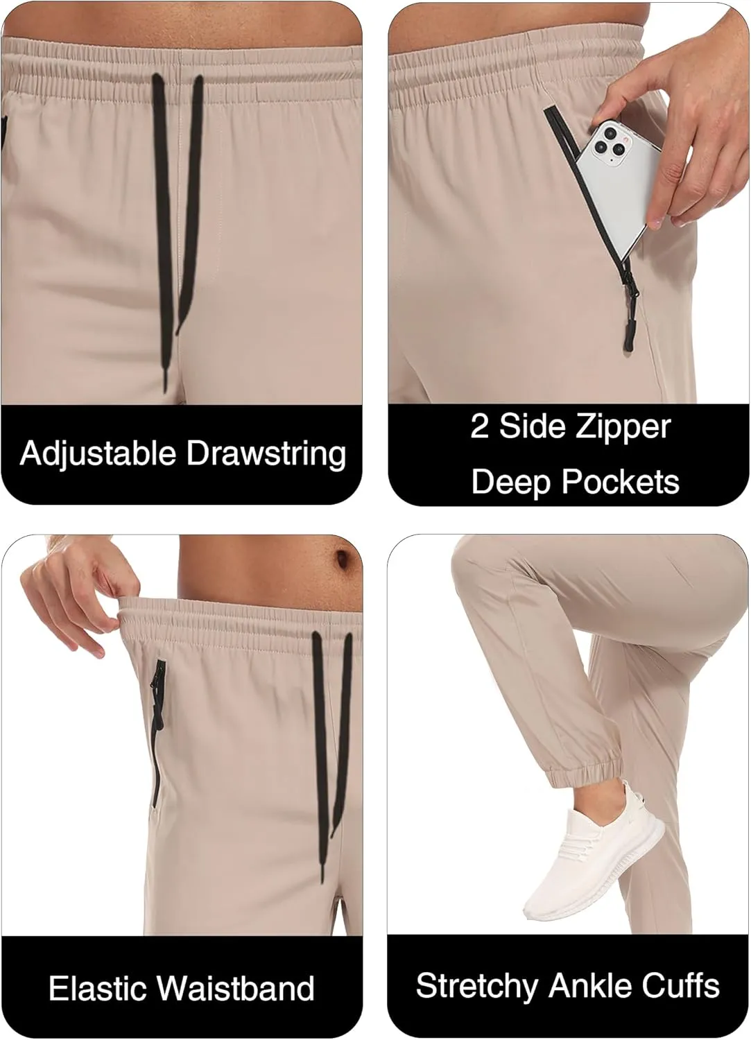 Men's Lightweight Hiking Pants Water Resistant Quick-Drying Outdoor Tapered Cargo with Elastic Waist Zippered Pockets