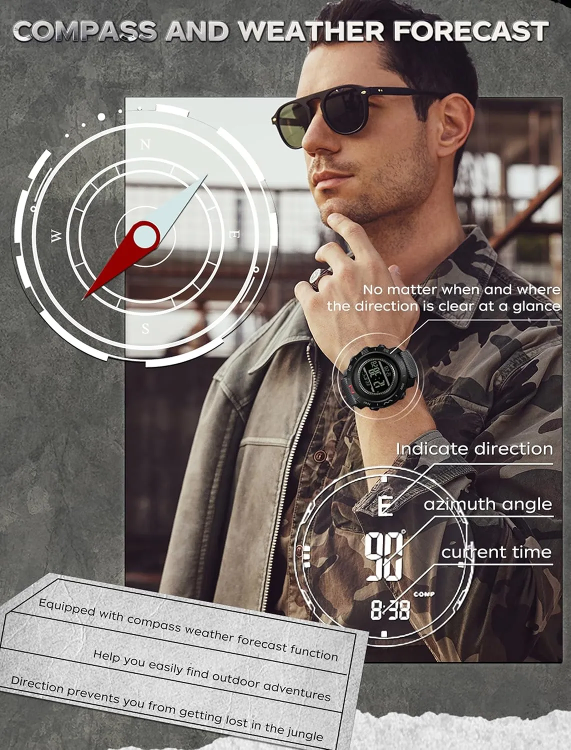 Men's Military Watches for Men Tactical ABC Digital Watch Outdoor Sports Altimeter Barometer Compass Thermometer Fitness Tracker Watch Step Counter Dual Time Stopwatch Countdown Waterproof Wristwatch