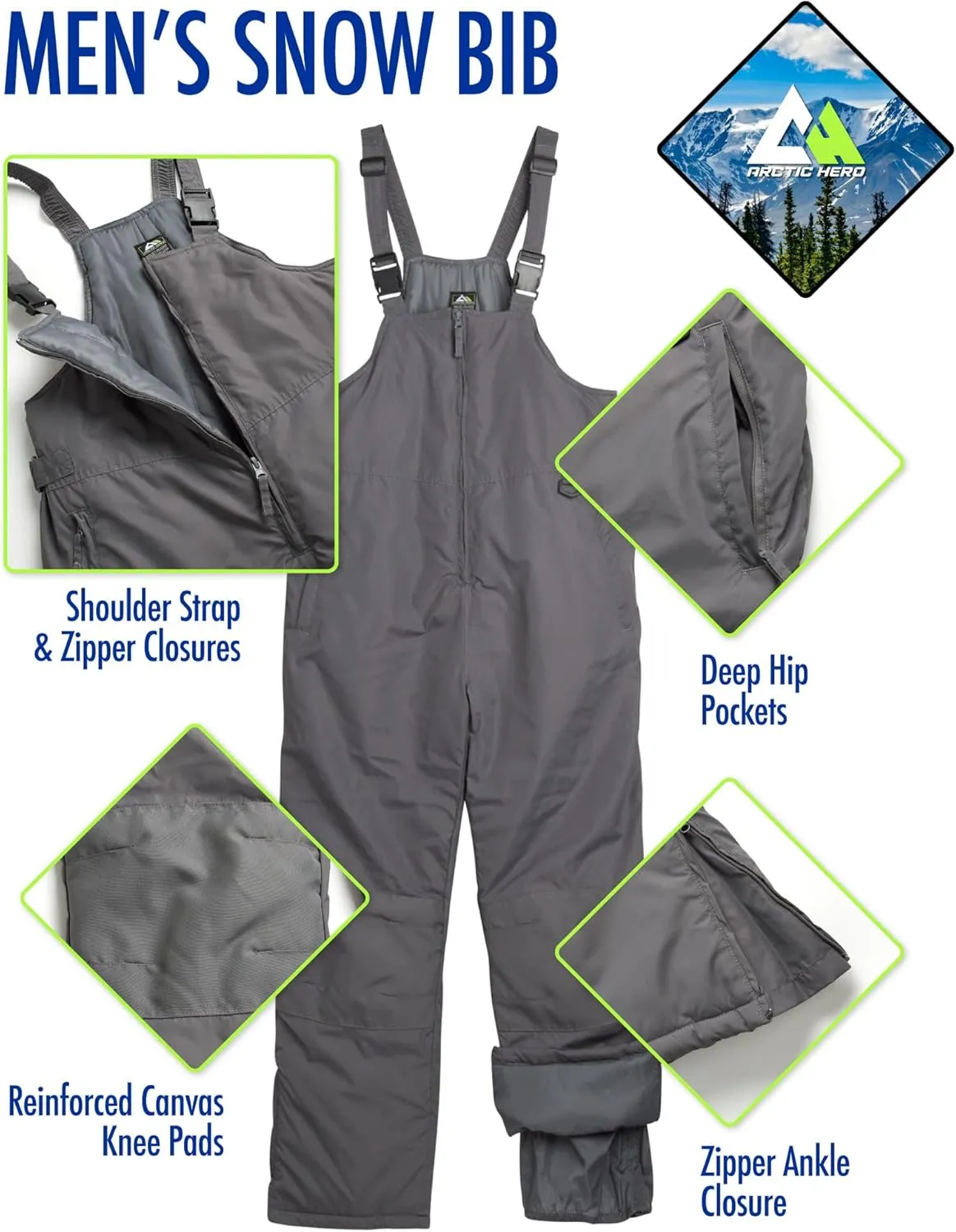 Men’s Snow Bib – Insulated Waterproof Snow Pants Ski/Snowboard Overalls (S-2XL)