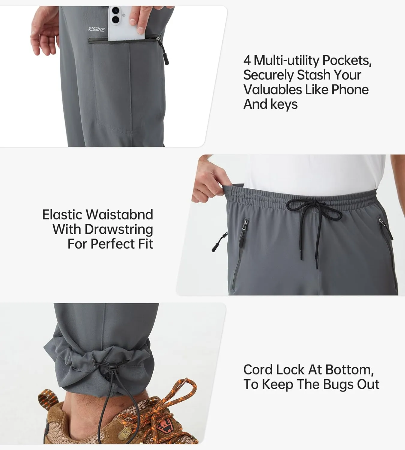 Mens Stretch Hiking Pants Cargo Quick Dry Lightweight Water Resistant Outdoor Fishing Pants Adjustable Bottom Pockets
